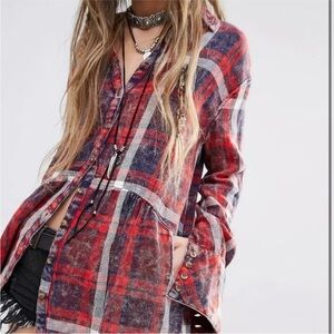 Free People‎ Easy Street Flannel Plaid Shirt with Contrasting cuffs, Small XS